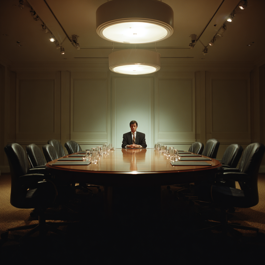 Lonely businessman at Dark Conference table